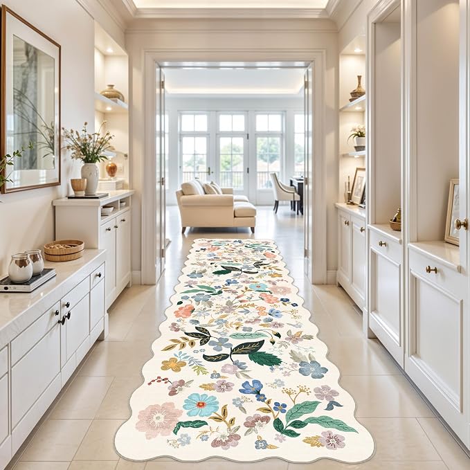 Washable 4x12 Wide Area Rug: Hallway Soft Floral Scalloped Carpet Water