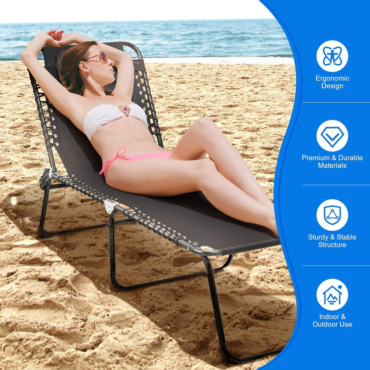 GIANTEX Chaise Lounge Chair Outdoor - Patio Lounge Chair w/Pillow, 4-Level Adjustable Backrest, 2-Level Footrest, Heightened 16” Pool Lounger for Beach, Lawn, Tanning Chairs for Outside (1, Black)