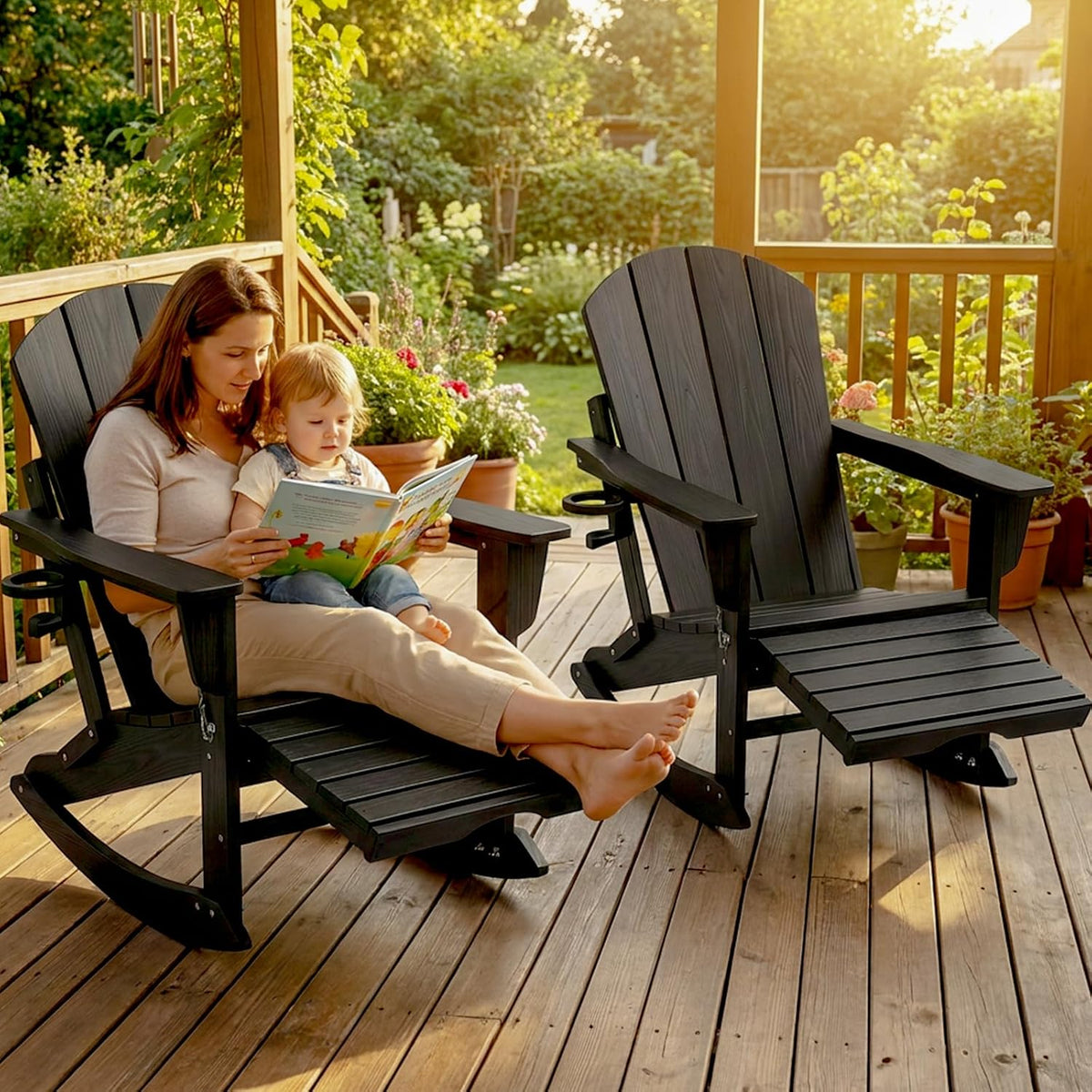PASAMIC Adirondack Rocking Chairs Set of 2, Foldable All-Weather HDPE Patio Rockers with Retractable Ottoman & Cup Holder, Outdoor Chairs for Porch Backyard Pool Garden Balcony, Ebony Black