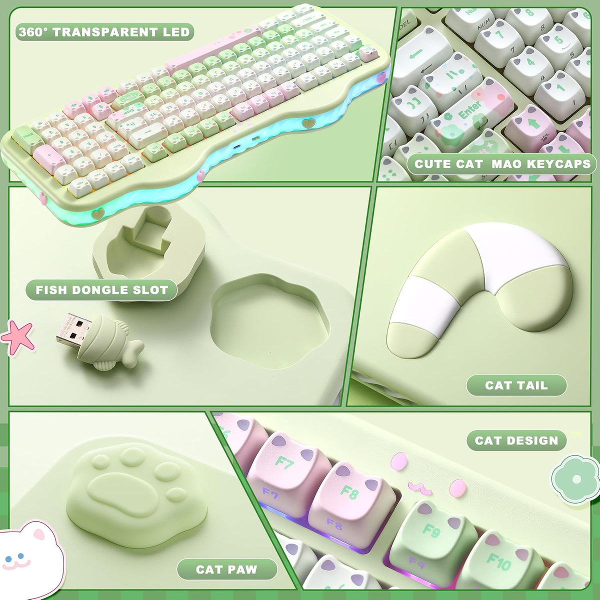 YUNZII C98 Cute Wireless Mechanical Keyboard(Green Mao, Candy Switch)