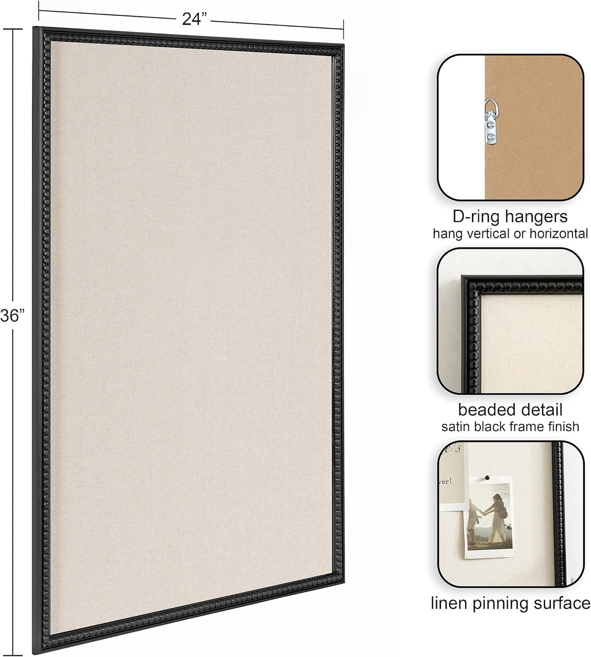 Kate and Laurel Makenna Framed Linen Fabric Pinboard, 24 x 36, Black, Traditional Beaded Bulletin Board for Vintage Home Wall Organization or Aspirational Vision Board