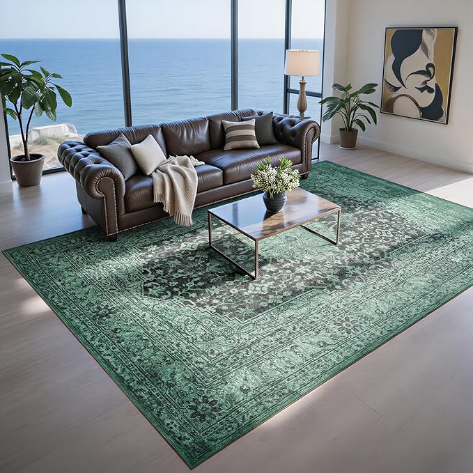 Washable Rugs 8x10 Area Rugs for Living Room- Vintage Green Rugs for Bedroom