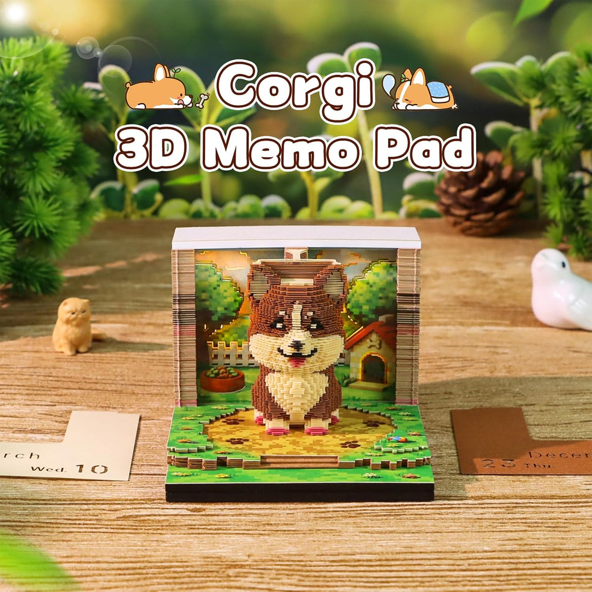 3D Calendar 2027, Desk Time Piece Calendar 2027,Tear-Away 3D Paper Art Notepad w LED Lights,Creative 3D Memo Artsy Pad Calendars, DIY Paper Carving Gift (Corgi)