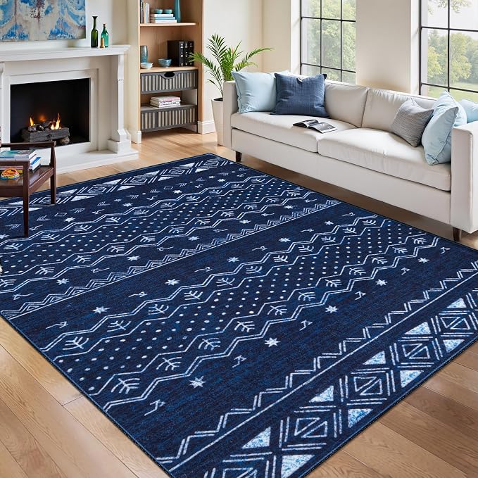 SERISSA 5x7 Area Rugs for Living Room, Washable Non-Slip Blue and White Boho Rug