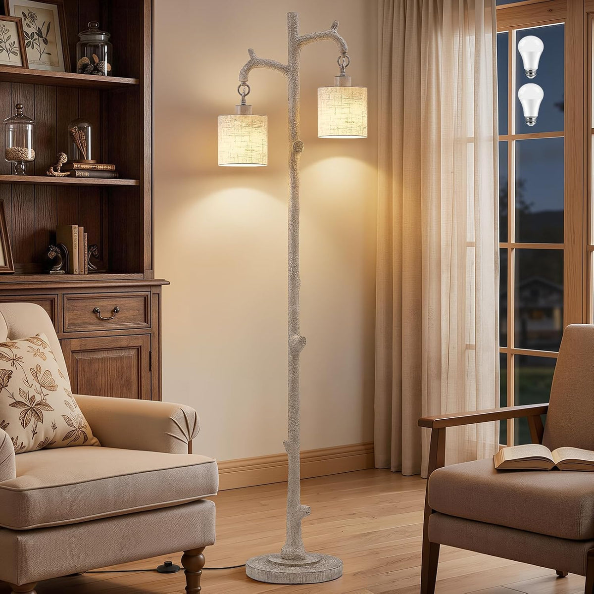 EJIAXIN Floor Lamp for Living Room - 69" Rustic Tree Trunk Standing Lamps - Country Resin Tall Lamp with 2 Reading Light - Farmhouse Floor Lamp for Bedroom Office Home Decor (Grayish White)