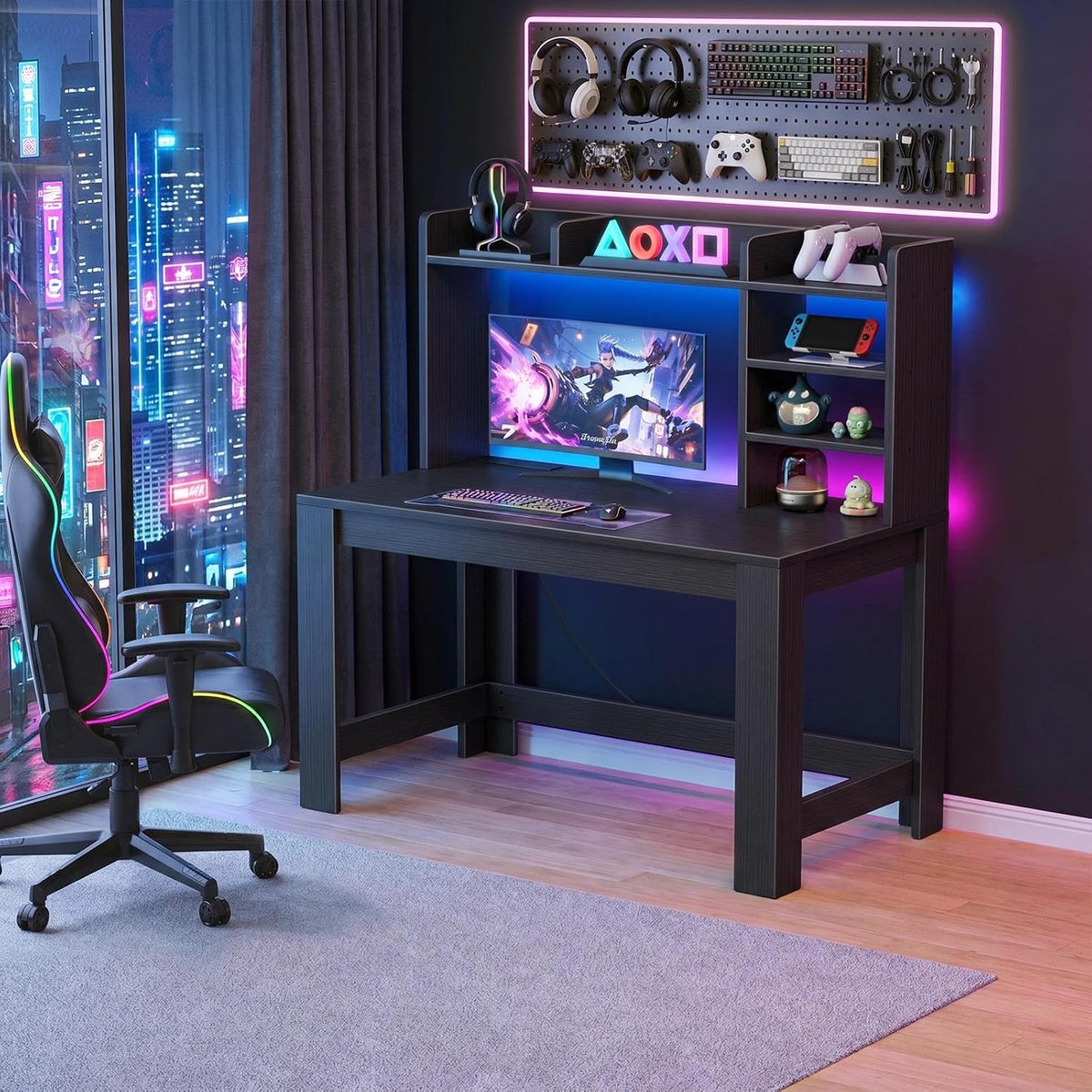 WINAZ 43" Black Gaming Desk with Hutch and Built-in Power Outlet