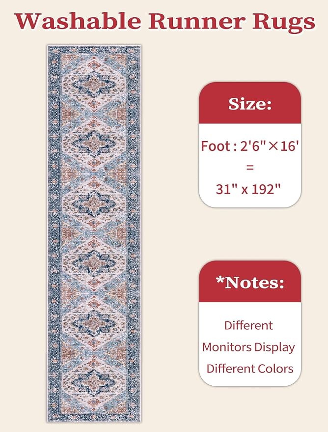 SERISSA Runner Rug for Hallways, Extra Long Boho Rug Ultra Soft Vintage Blue