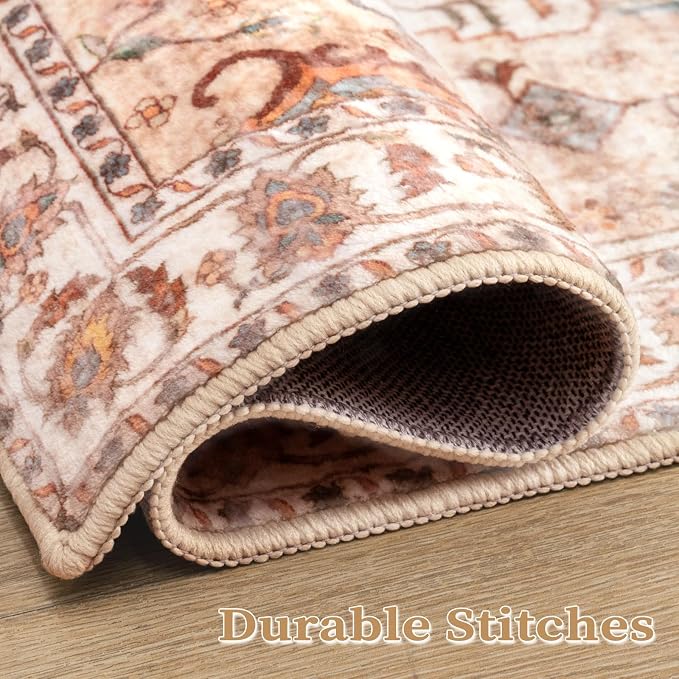 SERISSA 4x6 Boho Bedroom Rug, Washable Non Slip Vintage Peach Cream Area Rugs