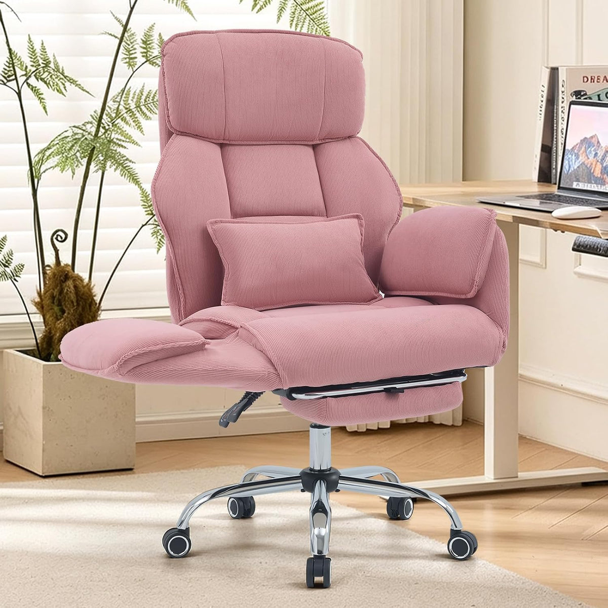 Criss Cross Office Chair with Footrest - 5-Gear Flat Armrests Corduroy Desk Chair, Reclining Wide Ergonomic Computer Chair with Lumbar Pillow, High Back Swivel Vanity Chair
