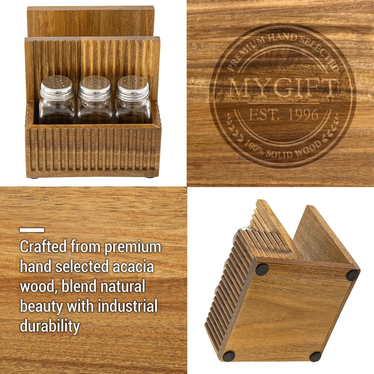 MyGift 4-Piece Fluted Acacia Wood Dining Table Organizer Set – Napkin Holder, Salt and Pepper Shakers and Condiment Caddy, Rustic Kitchen Table Decor