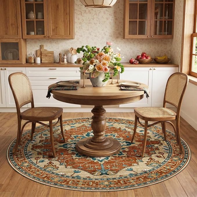RELEANY Area Rugs Round 6ft Washable Non-Slip, Floral Vintage Distress