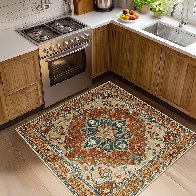 RELEANY Area Rugs Square 4ft Washable Non-Slip, Floral Vintage Distress