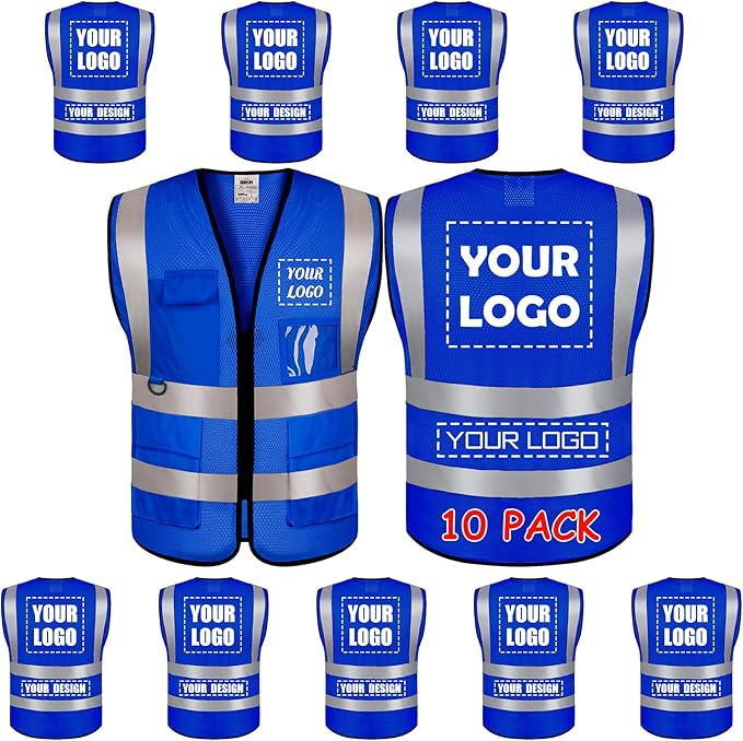 10 Pack Mesh Safety Vest Custom Logo High Visibility Reflective Vest with Pockets Security Work Vest（Blue，M）
