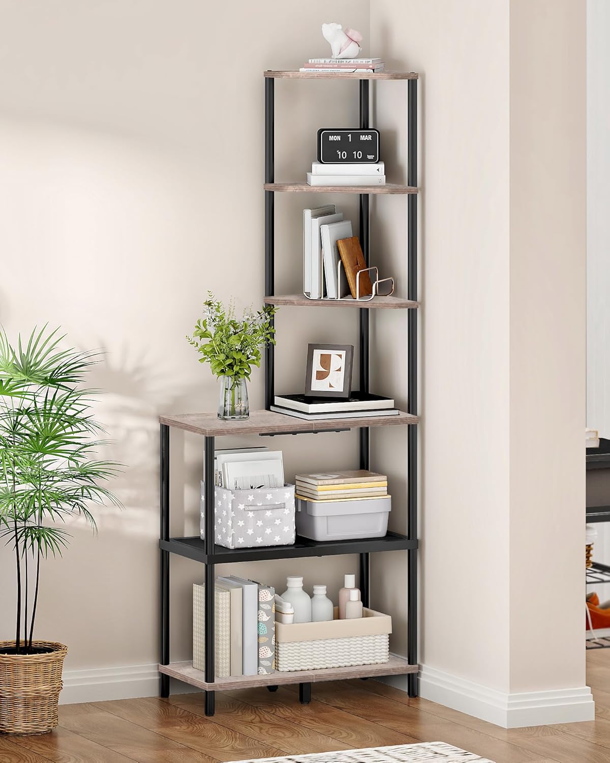 CHOEZON 6-Tier Corner Shelf, Industrial Corner Bookshelf with Desk Top, Diamond-Shaped Storage Shelves, Display Stand for Small Spaces, Living Room, Home Office, Foyer, Greige and Black TCJ70BG