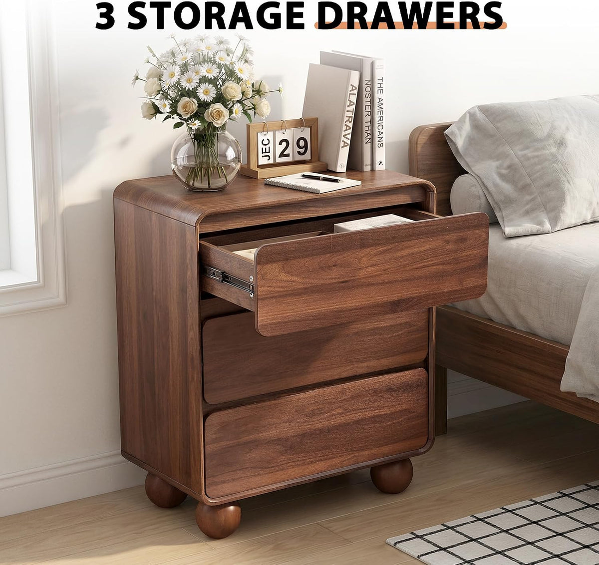 AVZEAR Modern 3 Drawer Dresser for Bedroom, Wooden Dresser Chest of Drawers, Handle Free & Curved Profile Design, Mid Century 3 Drawer Nightstand for Living Room, Walnut