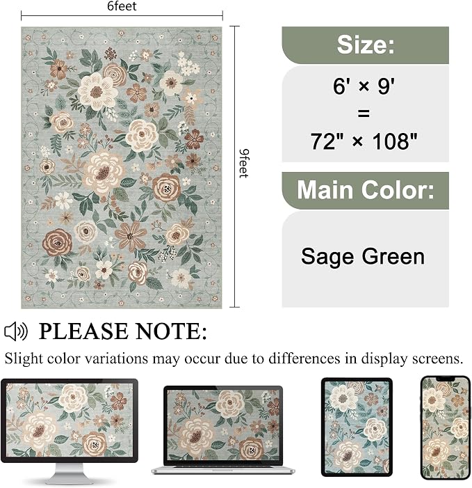 DUKINO 6x9 Area Rug, Floral Rugs