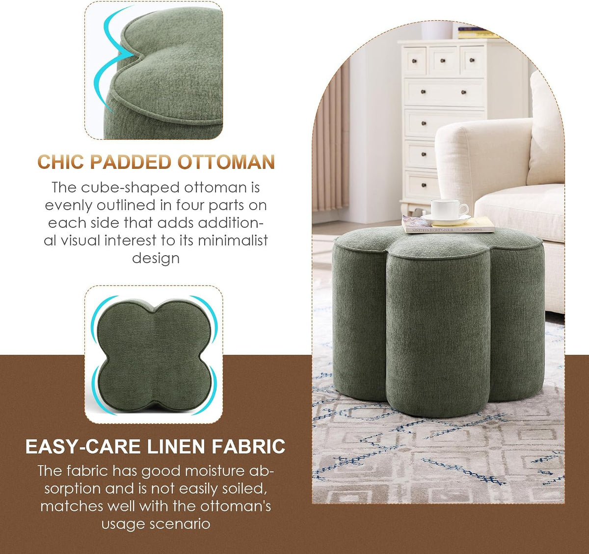 Zesthouse Flower Pouf Ottoman Foot Rest, Linen Fabric Poofy Ottoman Stool