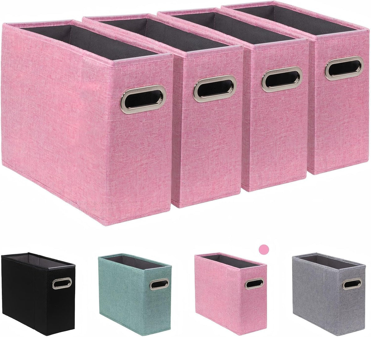 4 Pack Letter Size File Storage Box Collapsible，Fabric Hanging File Folders Organizer, Portable Office Document Holder with Metal Handle, Smooth PVC Rails, Pink