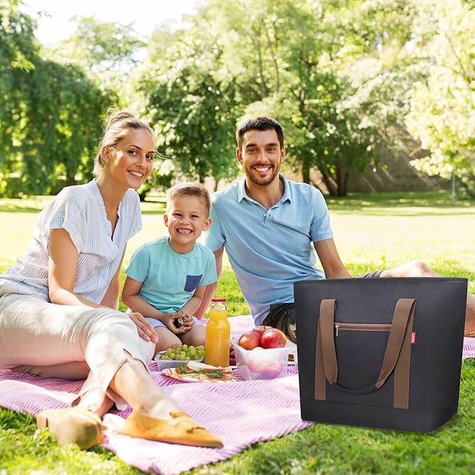 LHZK Jumbo Insulated Cooler Bag with Zipper, Collapsible Leak Proof Insulated Bag with Handles is Perfect for Grocery, Food Delivery, Beach, Picnic, Travel (50L, Black)