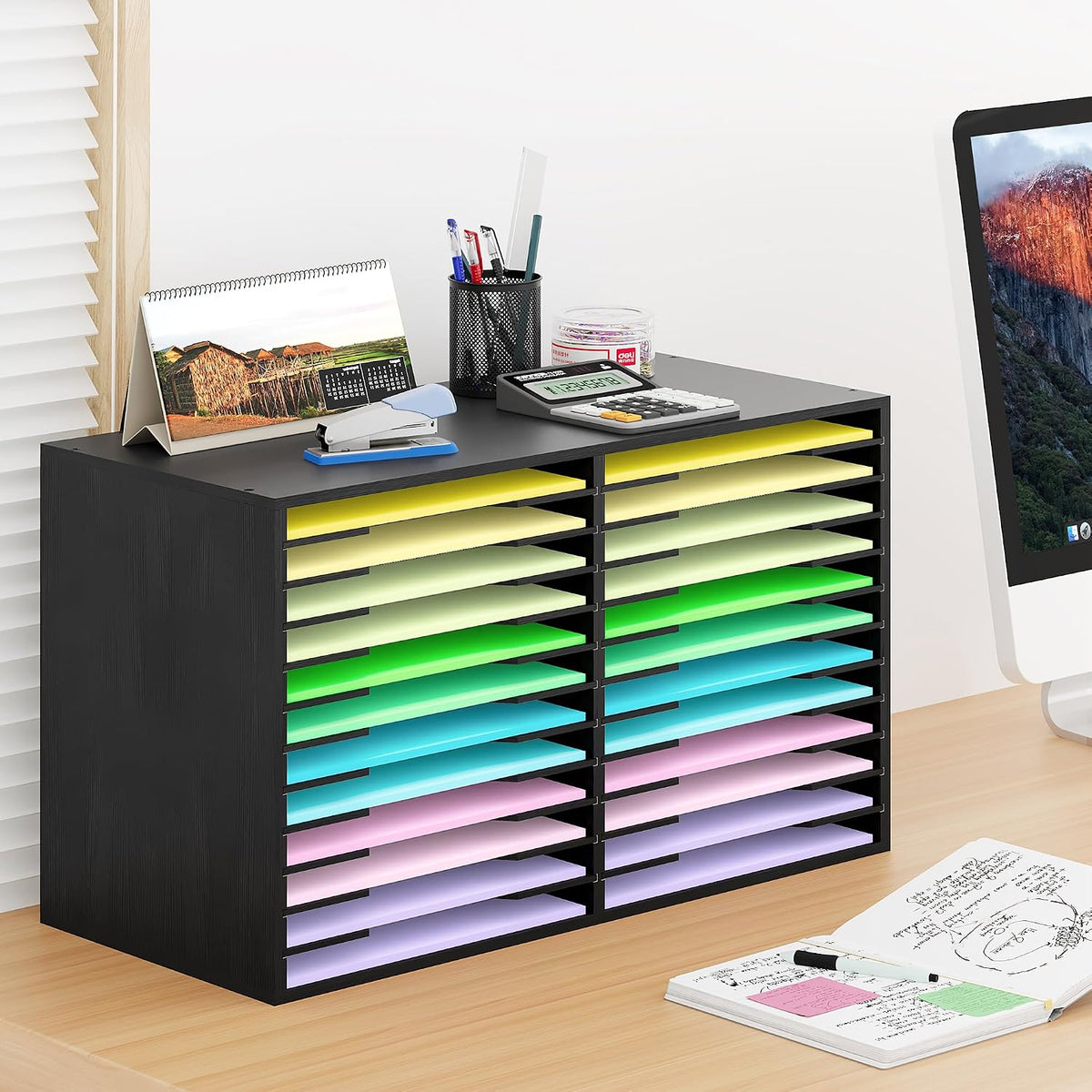 EasyPAG Scrapbook Paper Storage Organizer for Craft Room, 12x12 Paper Storage Desk Shelf, 24 Slot Adjustable File Sorter for Office School Classroom, Black