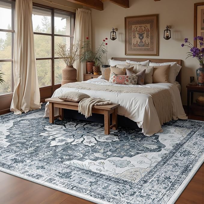 RELEANY Area Rugs Large 10'x12' Washable Non-Slip, Floral Vintage Distress