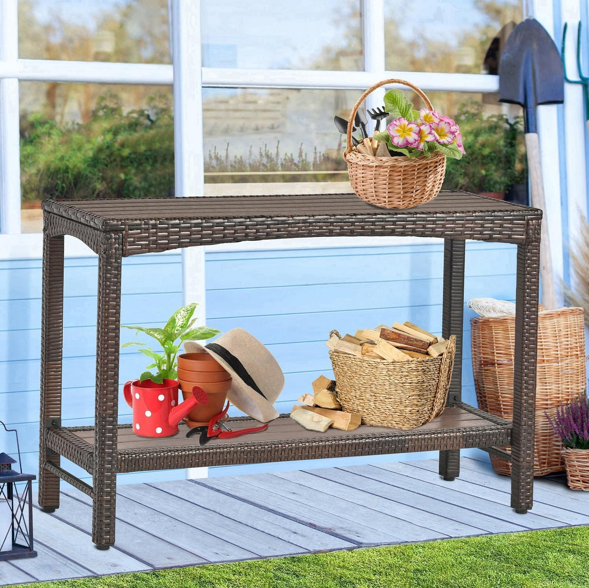 Outdoor Console Table Patio Buffet Bar Storage Organizer 45" Long Wicker Sofa Serving Sideboard Table 2-Shelf Outdoor Bar Table Tall Rectangle Narrow with Adjustable Feet for Entryway Balcony Brown