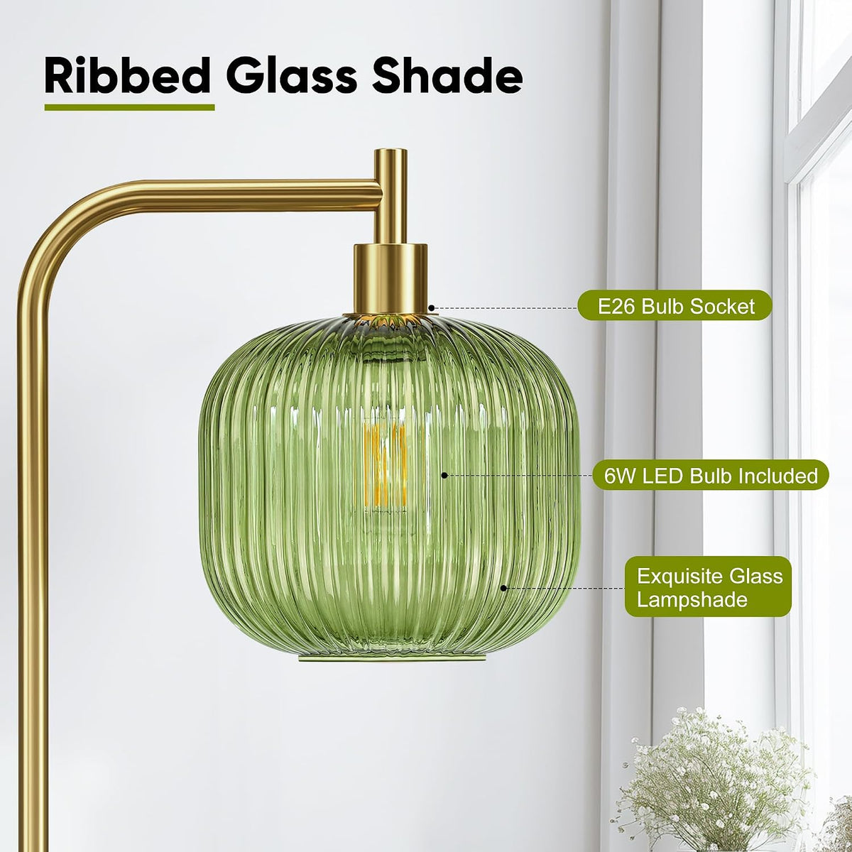 Modern Green Glass Floor Lamp for Living Room, Standing Lamp for Bedroom