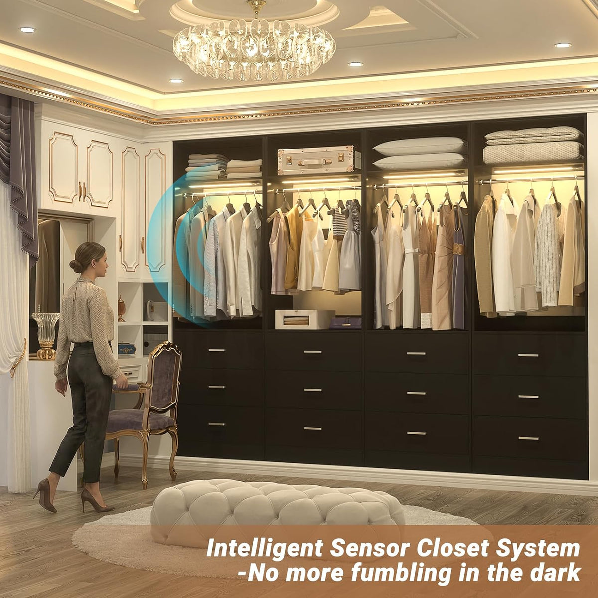 Besiost Freestanding Closet Systems with 4 Motion Sensor LED Lights, 4 Set