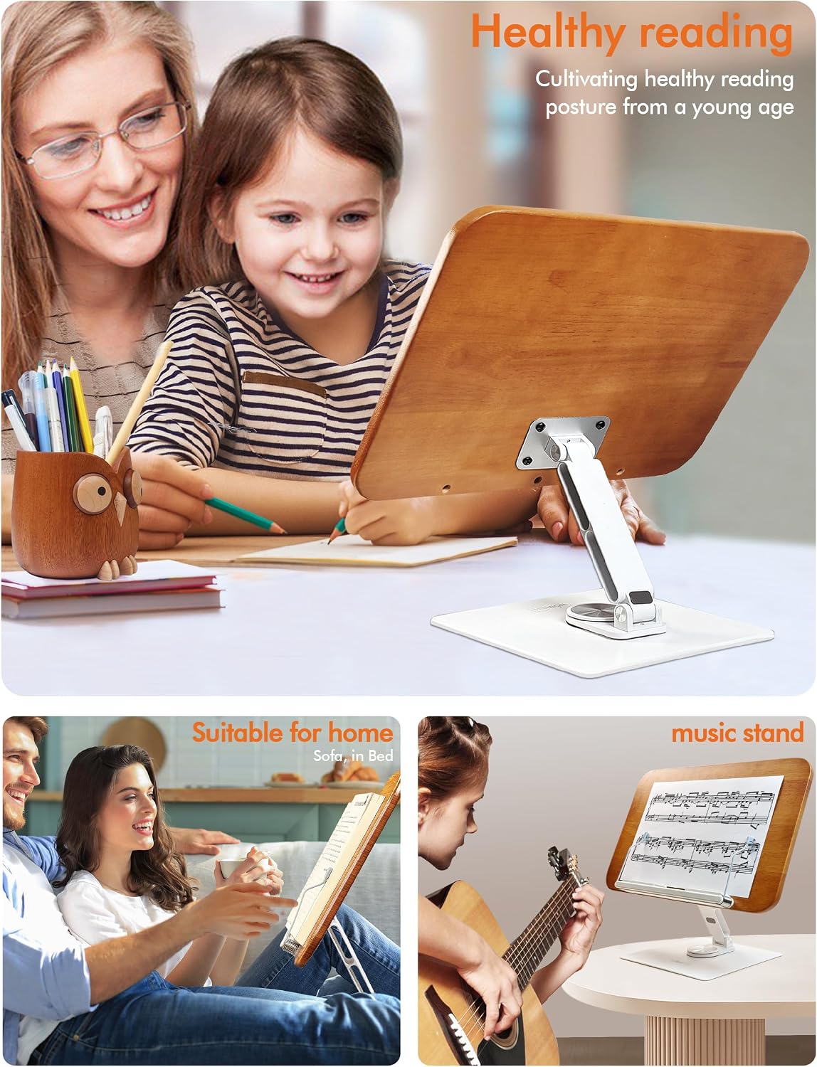 Book Stand for Reading, Adjustable Book Holder for Reading Hands Free, 360° Rotating Reading Stand, Large Rubberwood Cookbook & Bible Stand, Textbook Stand for Desk, Foldable Book Stand