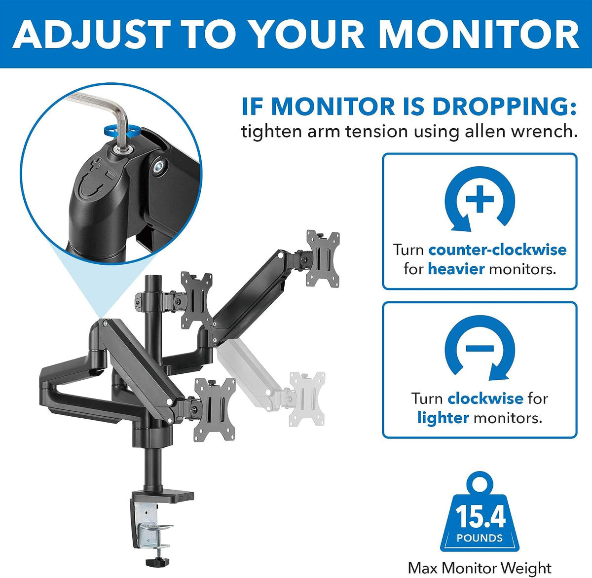 Mount-It! Triple Monitor Desk Mount with Full Motion Arms, 3 Monitor Riser with Gas Spring Arms for 27" Max Computer Screens, Sturdy Dual Clamp Base, Black
