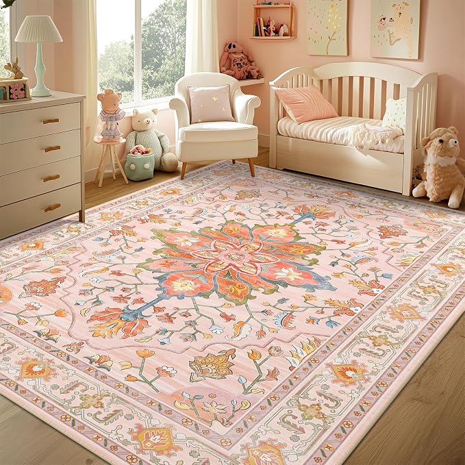 RELEANY Area Rugs 4'x6' Washable Non-Slip, Floral Vintage Distress Medallion
