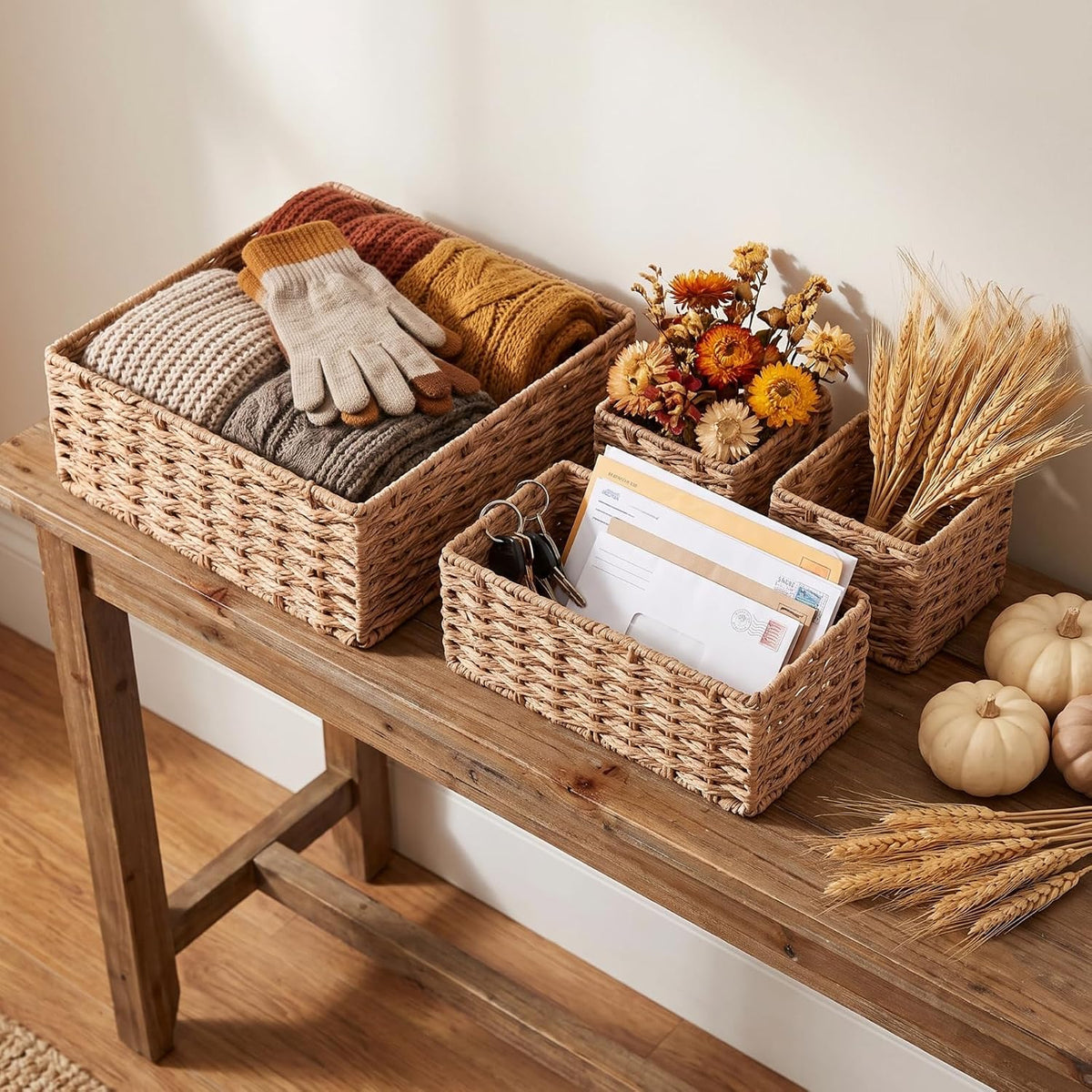 SiliFine Paper Rope Bathroom Woven Storage Basket Set of 4, Natural Color