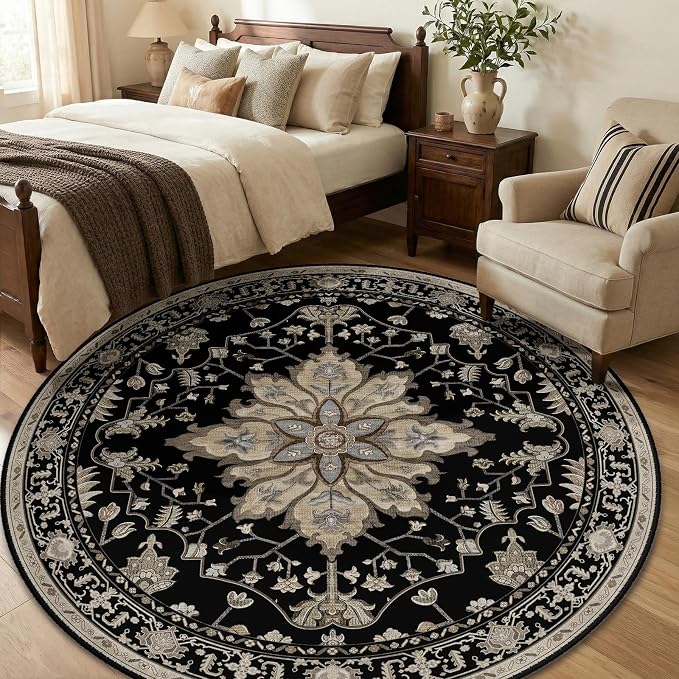 RELEANY Area Rugs Round 6ft Washable Non-Slip, Floral Vintage Distress