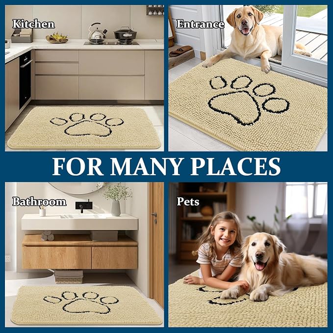 OLANLY Dog Door Mat for Muddy Paws 48x30, Paw Print Design, Absorbs Moisture