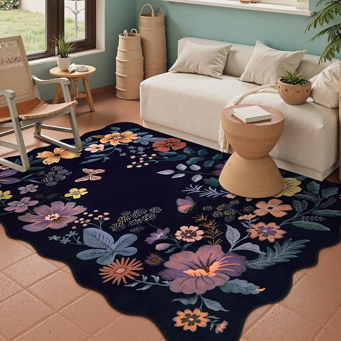 Lahome Floral Washable Rugs for Bedroom, 4X6 Area Rug Ultra-Thin Soft Living