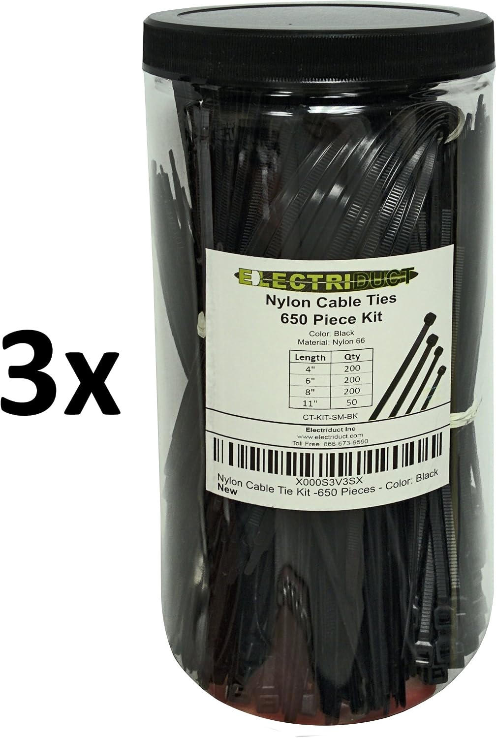 Electriduct Nylon Cable Tie Kit - 1950 Zip Ties - Assorted Lengths 4", 6", 8", 11" - Black
