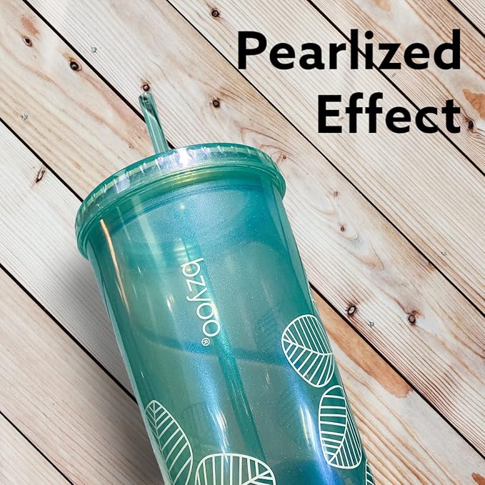 bzyoo 24oz Plastic Tumbler Cup, Lid & Straw, Iced Coffee, Pearl Green Leaf