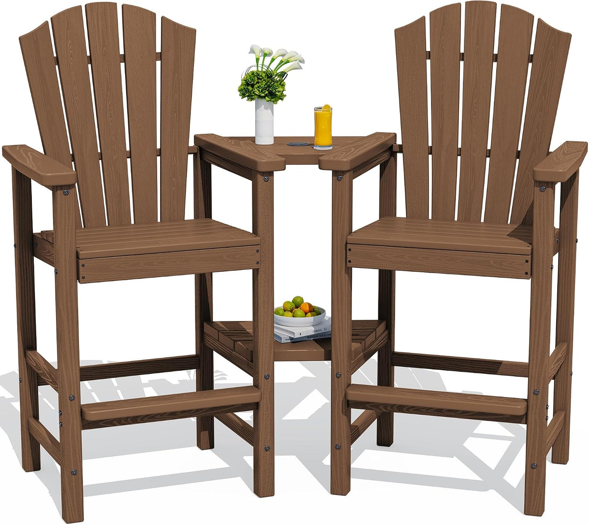 KINGYES Tall Adirondack Chair Set of 2 with Double Connecting Trays, Brown