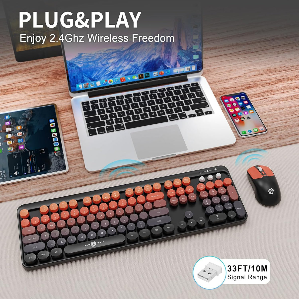 Wireless Keyboard and Mouse Combo,Retro Typewriter Style Round Keys,Orange
