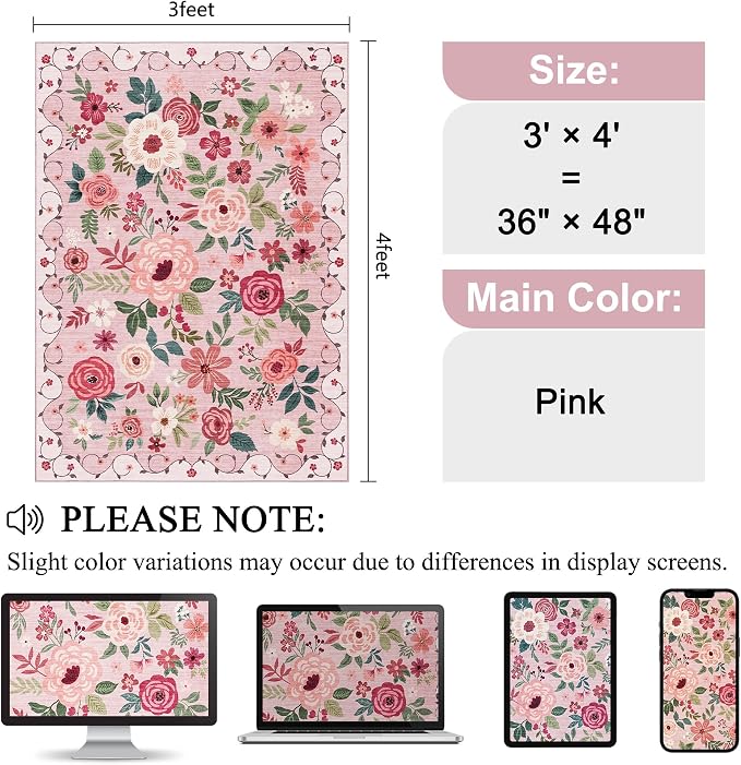 DUKINO 3x4 Area Rug, Lightweight Non Slip Washable Floral Rug, Indoor Low Pile