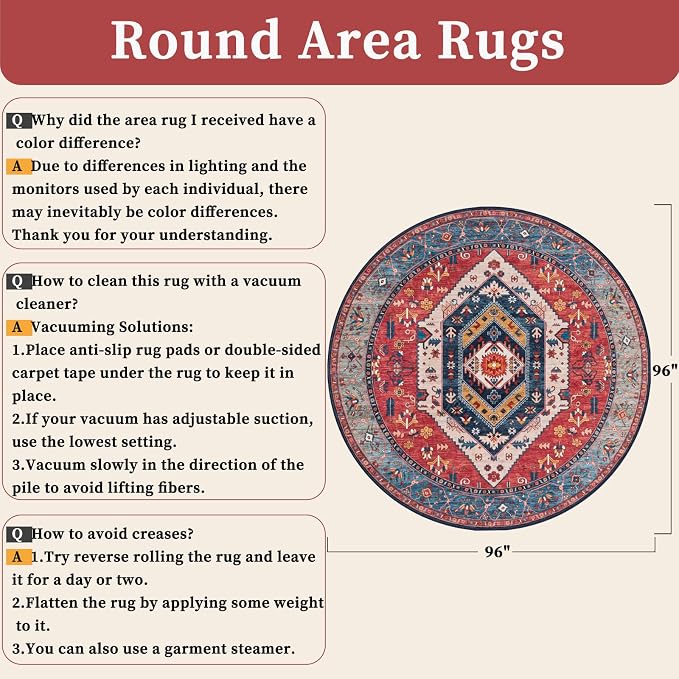 SERISSA Boho Round Area Rug, 8ft Washable Non-Slip Circle Rug, Ultra Soft Large