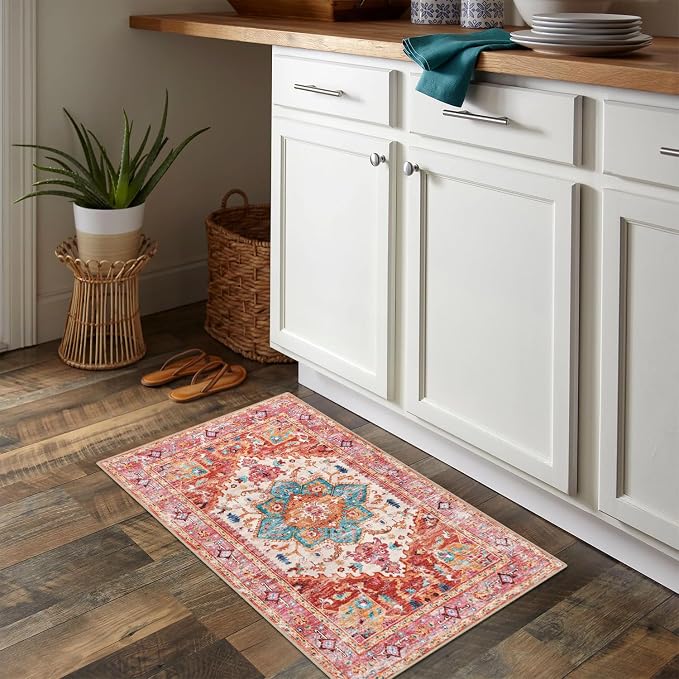 Yamaziot Washable Area Rug, 2x3 Small Entryway Rug Non-Slip Boho Vintage Rug