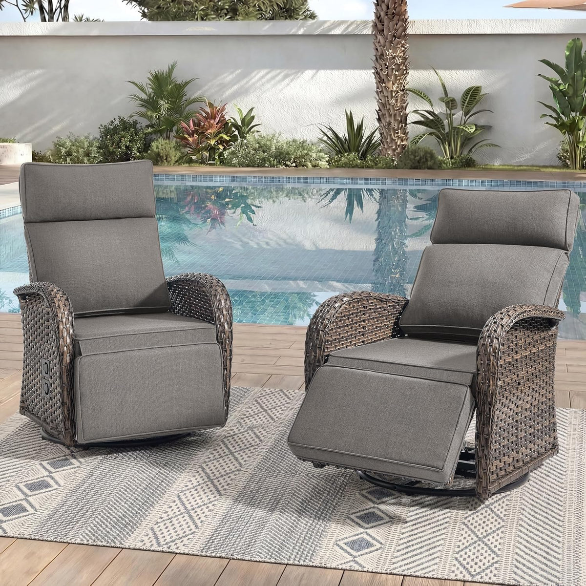 Zero Gravity Patio Swivel Recliner Chairs Set of 2 - Wicker Outdoor Lounge Chair with Adjustable Backrest & Footrest, All Weather Reclining Chairs with Thick Cushion for Garden Pool Deck(Grey)
