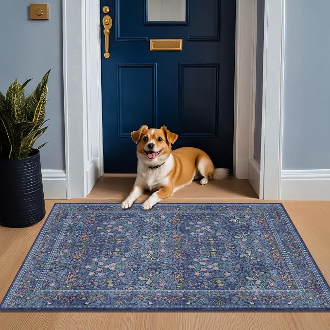 Vintage Dark Blue 3x4 Entryway Rug, Washable Small Area Rugs