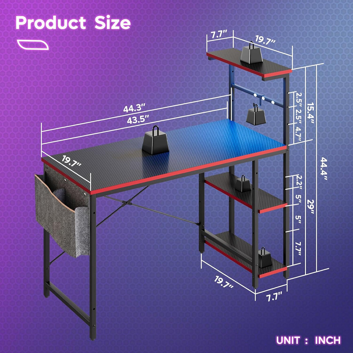 Bestier 44" Gaming Desk with LED & Storage,Gamer Desk, Carbon Fiber Black