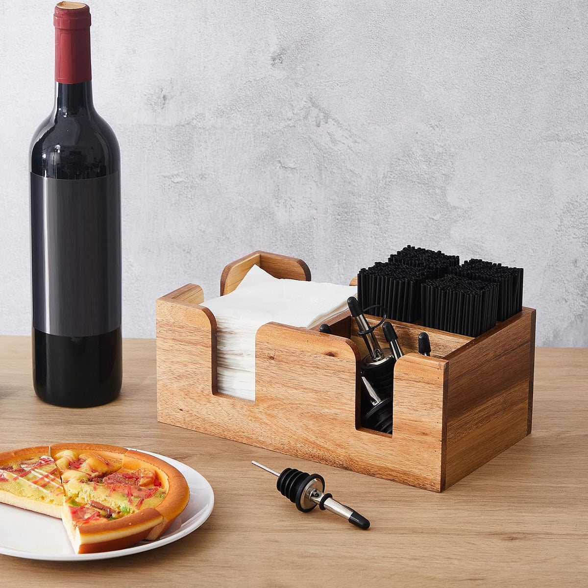 Mifoci 2 Pcs Wooden Bar Caddy, Acacia Wood Napkin & Straw Holder Organizer