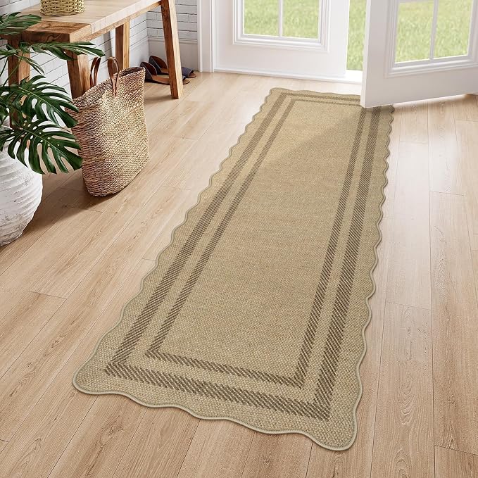 LIVEBOX Scalloped Washable 2x6 Kitchen Runner Rug, Easy Jute Geometric Tan Rugs