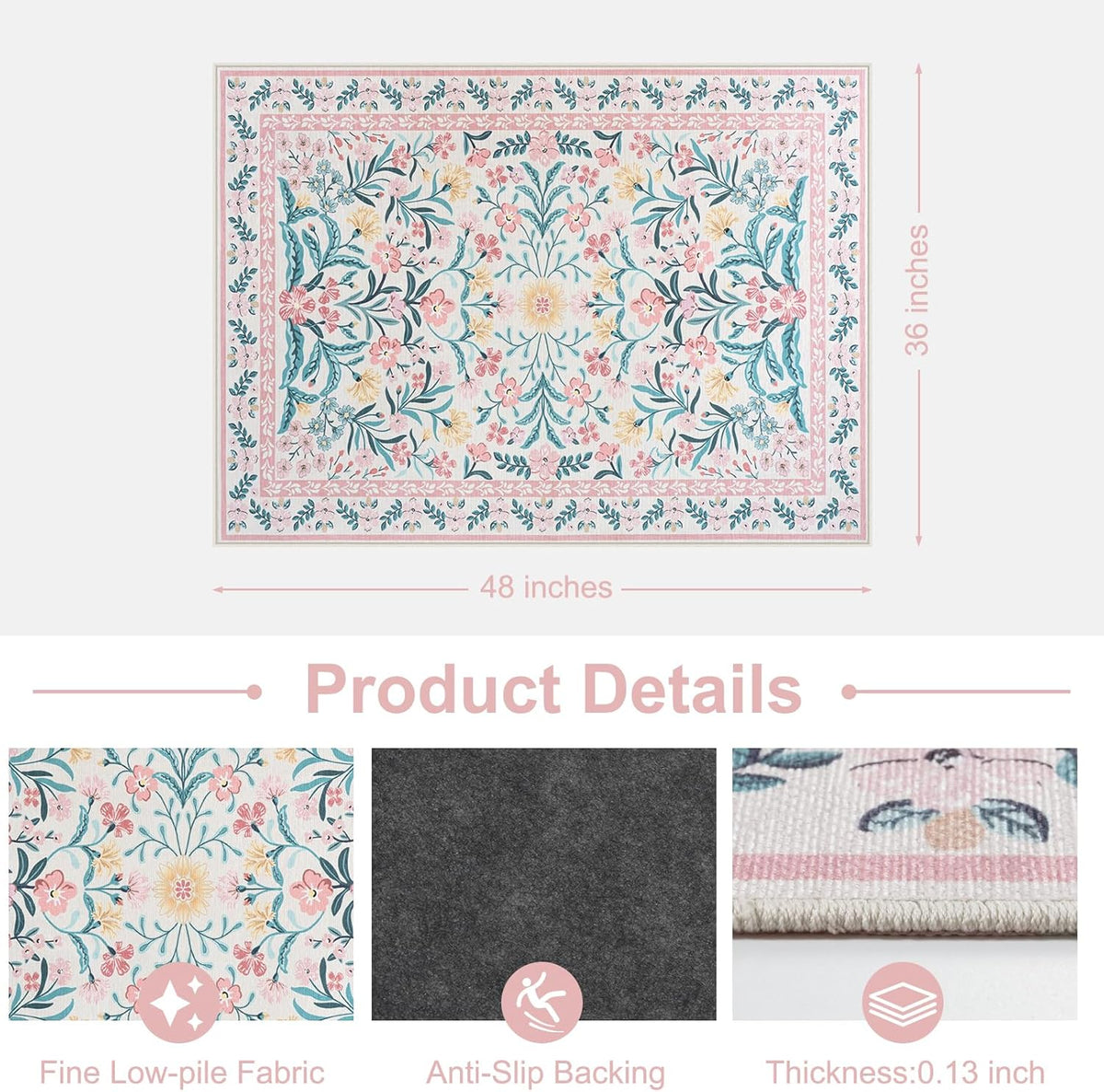Anidaroel 36"x48" Office Chair Mat for Hardwood Floor, Boho Floral Floor Mat for Office Chair, Anti-Slip Desk Rug for Office, Low Pile Desk Chair Mats for Hardwood, Blush Pink Small Office Rug