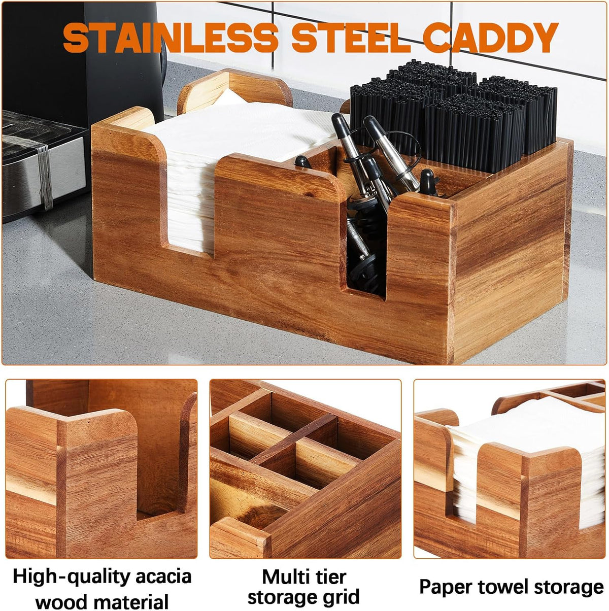 Mifoci 2 Pcs Wooden Bar Caddy, Acacia Wood Napkin & Straw Holder Organizer