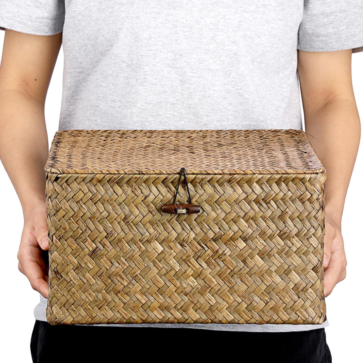 Hipiwe Seagrass Wicker Storage Basket Bin Boxes with Lid, Coffee, X-Large